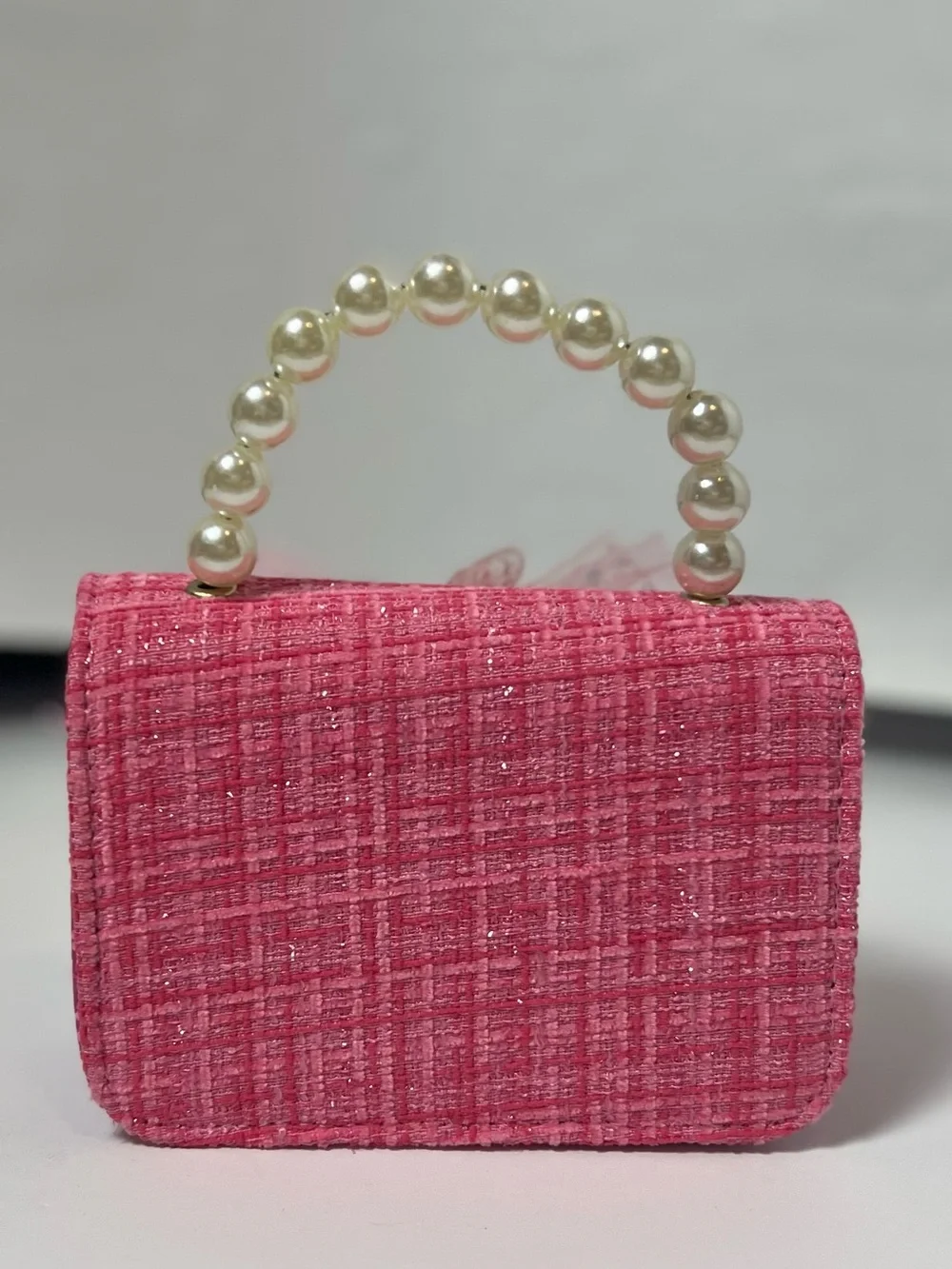 NWOT Girls Pink Tweed Pearl Handle Bow Mini Crossbody Purse